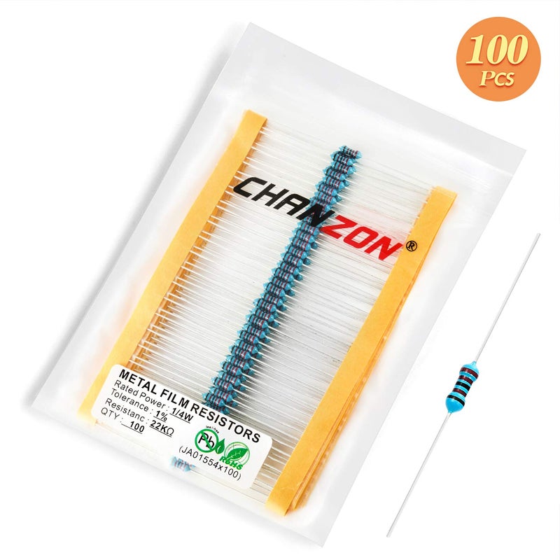 CHANZON 100 قطعة 1/4 واط (0.25 واط) 22 كΩ أوم مقاومة ثابتة من فيلم معدني 0.01 ±1% تحمل 22KR MF مقاومات ثقب مرور معتمدة من روهس - Image 5