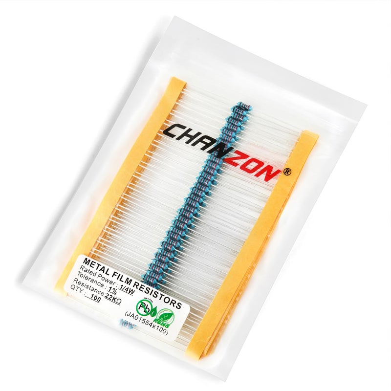 CHANZON 100 قطعة 1/4 واط (0.25 واط) 22 كΩ أوم مقاومة ثابتة من فيلم معدني 0.01 ±1% تحمل 22KR MF مقاومات ثقب مرور معتمدة من روهس - Image 1