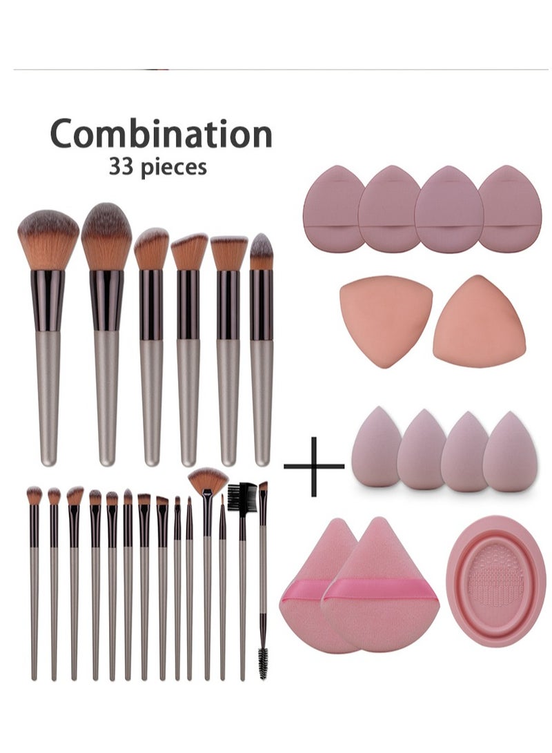 33-Piece Makeup Brush Set, Champagne Gold Brushes with Beauty Blender, Brush Cleaning Bowl, and Cosmetic Tools Gift - Image 3