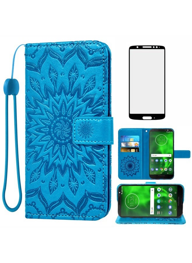 Asuwish Phone Case for Motorola Moto G6 Wallet with Tempered Glass Screen Protector Leather Flip Cover Card Holder Stand Cell Accessories MotoG6 G 6th Gen 6 6G XT1925DL XT1925-6 Moto6 Women Men Blue - Image 1