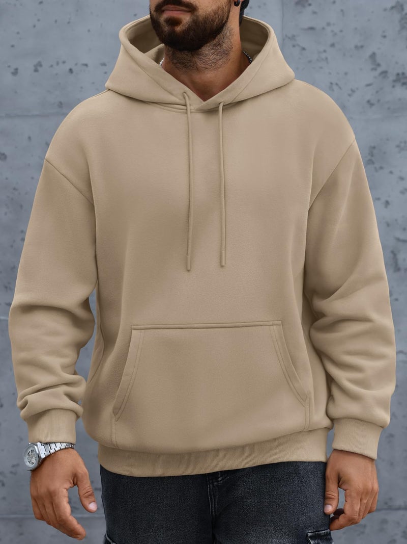 EFAN Mens Oversized Hoodies Fall Sweatshirt Winter Fleece Hooded Collar Drawstring Pullover With Pockets Khaki L - Image 2