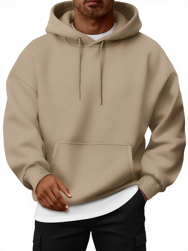 EFAN Mens Oversized Hoodies Fall Sweatshirt Winter Fleece Hooded Collar Drawstring Pullover With Pockets Khaki L - Image 1