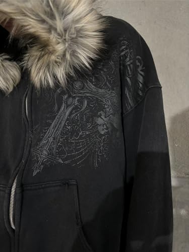 RICHTRUE Therian Fur Hood Jacket Y2k Goth Zip Up Hoodie Oversized Graphic Sweatshirt Emo Grunge Streetwear Fall Winter 2025 (Goth Black,X-Large) - Image 4