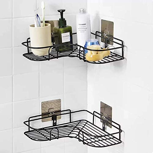 Q13 Metal Wall-Mounted Bathroom Storage Rack Corner Shelf Hooks Holder Kitchen Basket, Soap Shampoo Rack, Bathroom Racks And Shelf/Shelves Corner Rack (Pack Off 2), Black - Image 1