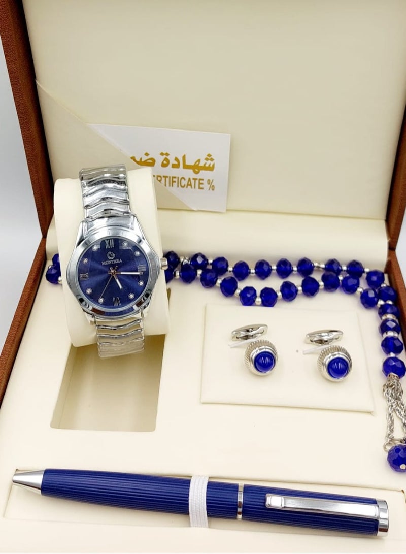 مونتيرا طقم رجالي مكون من ٤ قطع ساعة وقلم وكبك وسبحه