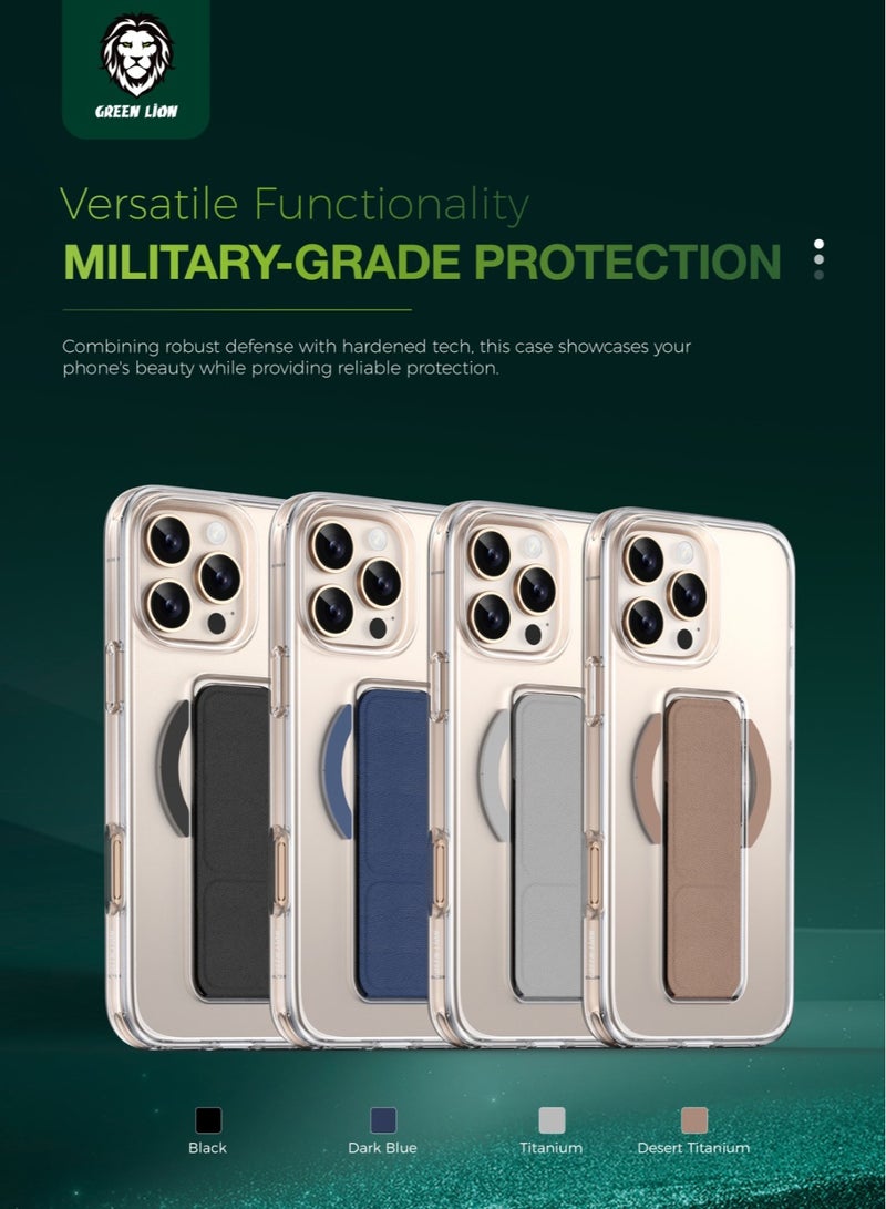 GREEN LION iPhone 16 Pro MagSafe Case with Foldable Leather Grip / Dual-Sided Magnetic Snap / High Grade Protection / Magnetic Hand Grip / Scratch Resistance / Crystal Clear - Dark Blue - Image 2