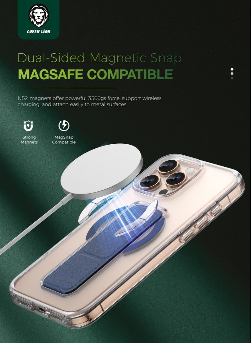 GREEN LION iPhone 16 Pro MagSafe Case with Foldable Leather Grip / Dual-Sided Magnetic Snap / High Grade Protection / Magnetic Hand Grip / Scratch Resistance / Crystal Clear - Dark Blue - Image 3