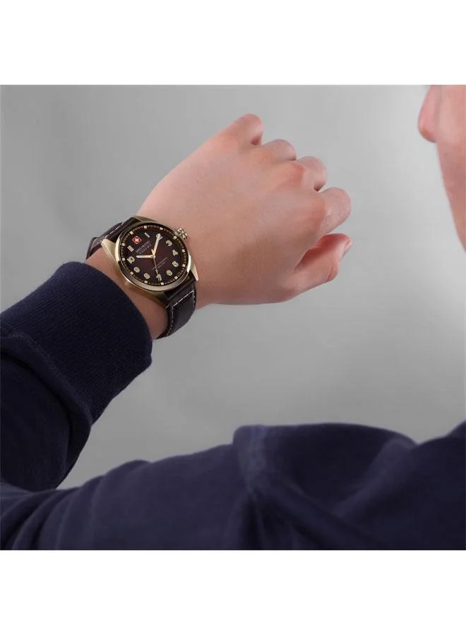 سويس ميليتري هانوا Greyhound 42mm Men's Analog Watch with Dark Brown Genuine Leather Strap