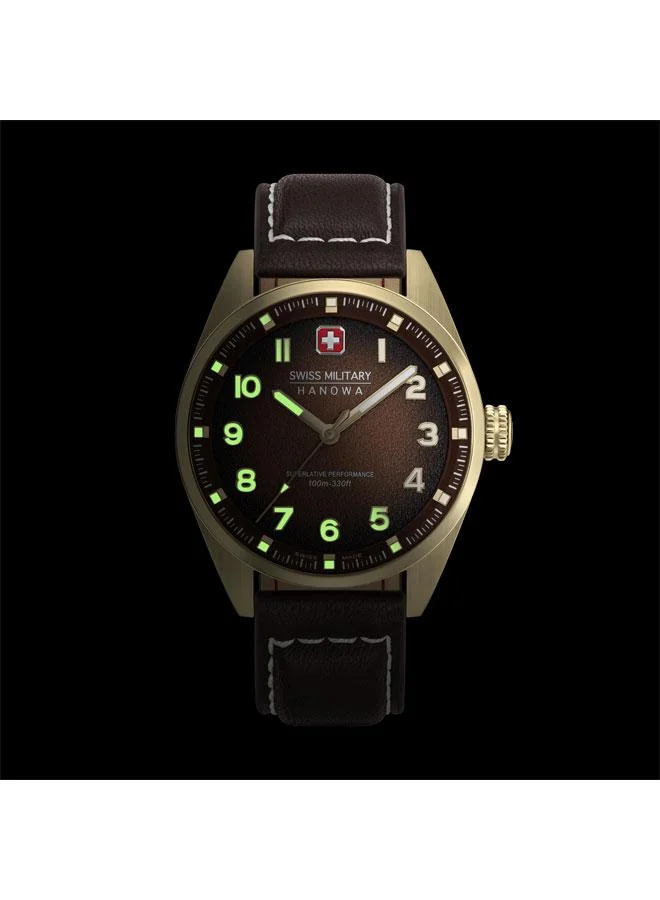 سويس ميليتري هانوا Greyhound 42mm Men's Analog Watch with Dark Brown Genuine Leather Strap