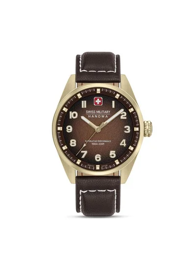 سويس ميليتري هانوا Greyhound 42mm Men's Analog Watch with Dark Brown Genuine Leather Strap