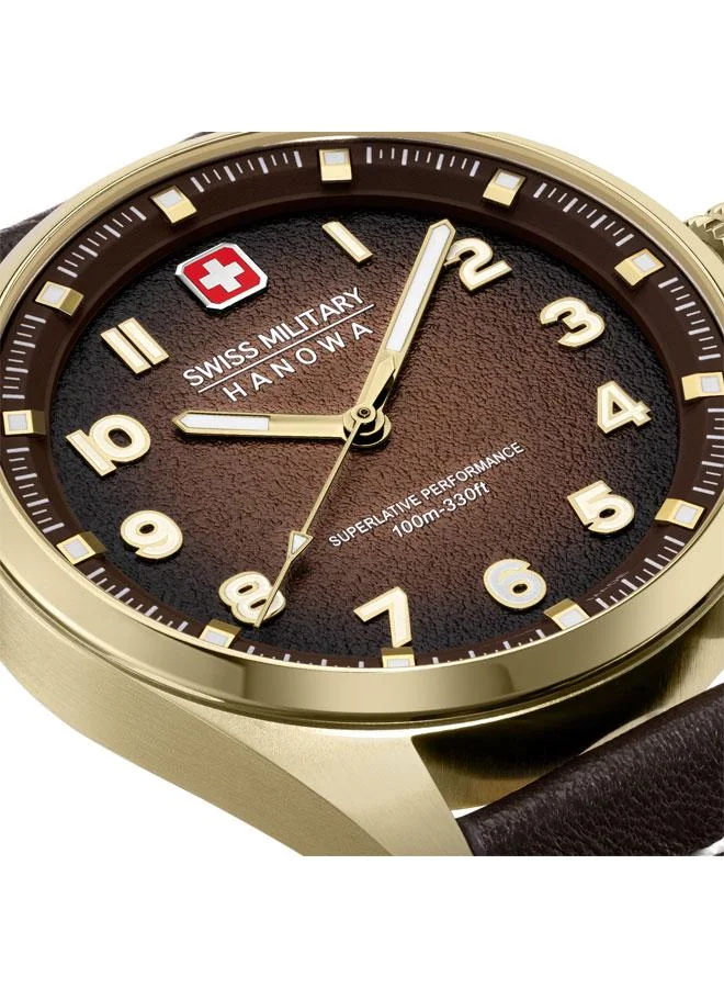 سويس ميليتري هانوا Greyhound 42mm Men's Analog Watch with Dark Brown Genuine Leather Strap