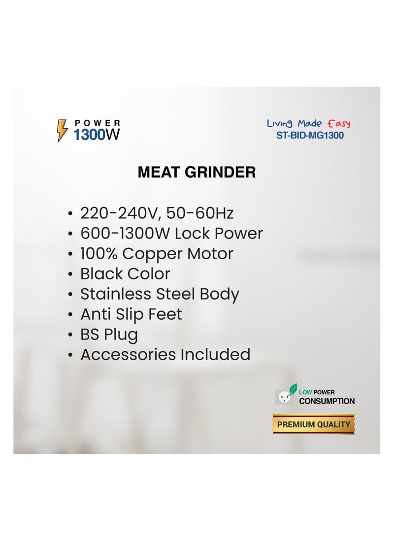 STAR TRACK - STAR TRACK Meat Grinder ST-BID-MG1300, 1300W Lock Power, 100% Copper Motor, Stainless Steel Body, Sausage Nozzles & Shredding Blades, Premium Quality - Image 1