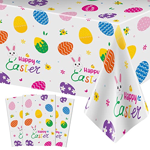 PERFQU 3 Pcs Easter Tablecloth-Happy Easter Bunny Table Cover, Disposable Plastic Rectangle Easter Colorful Eggs Table Cloth for Spring Easter Day Table Decorations and Party Supplies, 54 x 108 Inch - Image 1