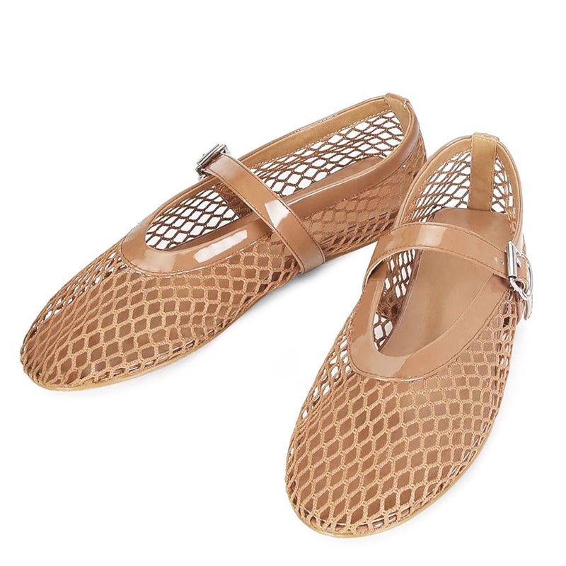 MICIFA Mesh Ballet Flats for Women, Fishnet Buckle Strap Ballerina Shoes Comfy Casual Office Flats Brown - Image 4