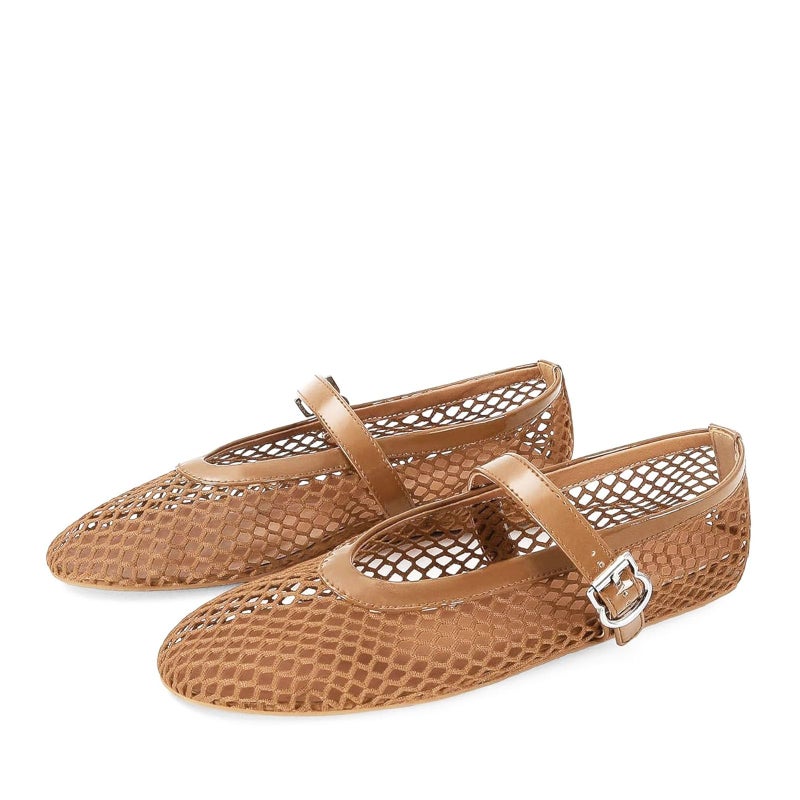 MICIFA Mesh Ballet Flats for Women, Fishnet Buckle Strap Ballerina Shoes Comfy Casual Office Flats Brown - Image 1