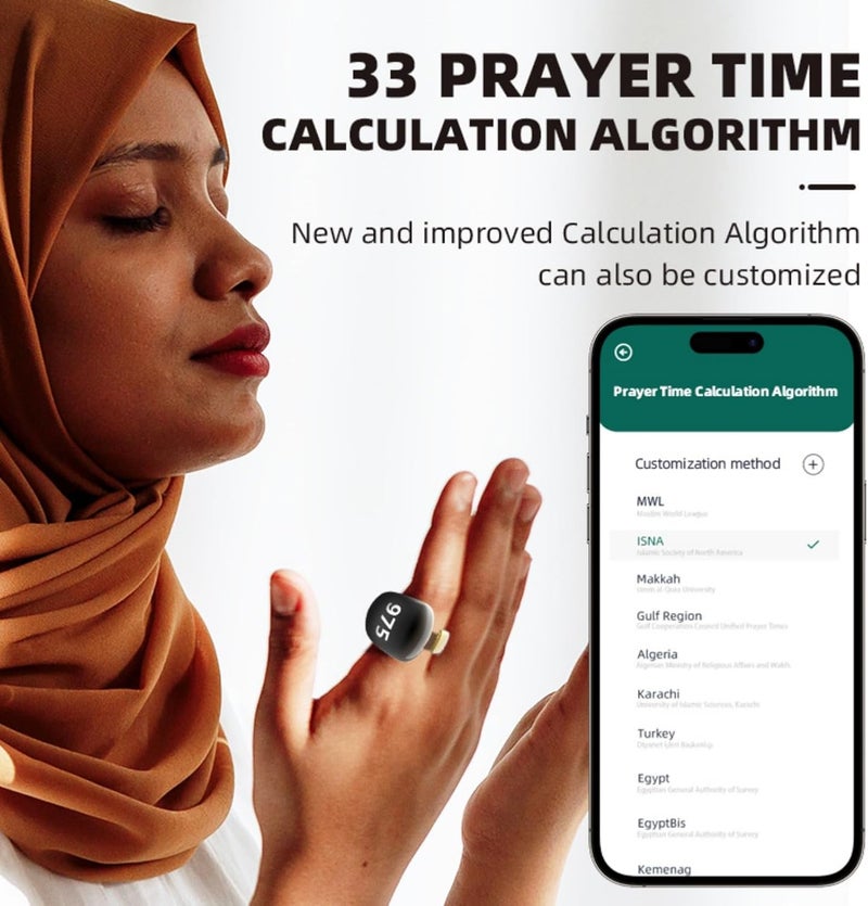 2025 خاتم ذكي قابل للتعديل مع شاشة عرض - عداد صلاة إسلامي رقمي، خاتم تسبيح وذكر مع NFC وتطبيق، مقاس 5 في 1 (16.5-23.9 مم)، منبه - إتسبيح إسلامي للرجال والنساء - Image 4