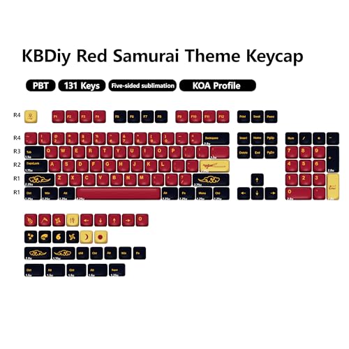 YMKPVR KBDiy Red Samurai Keycaps 60 Percent KOA Profile,Five Sides Dye-Sublimation PBT Retro Custom Keyboard Keycap,131 Keys Cap Set for Cherry Gateron MX Switches Mechanical Keyboards - Image 2