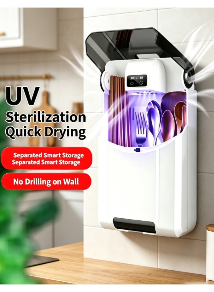 Arrangeli Wall-Mounted UV Chopstick Utensil Holder with Sterilizer & Dryer, No Drilling Kitchen Cutlery Organizer with Removable Drain Tray, Dustproof Fork Spoon Storage Box for Kitchen - Image 1