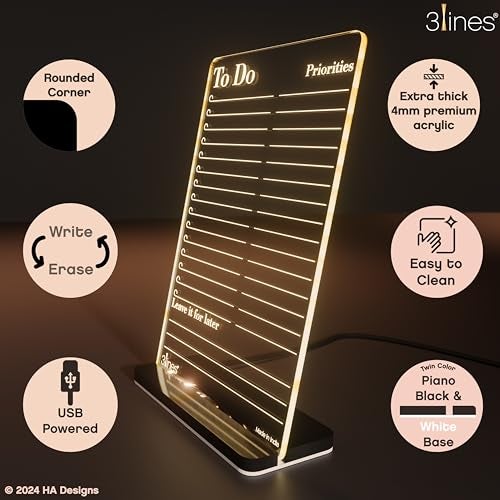 3 Lines Glowrite Illuminate Your Ideas! Acrylic LED Writing Board with USB Stand/Base | Ideal for Home & Office | Unique Gift | Made In India | With 2 Markers | To Do Priorities | Regular - Image 2