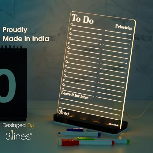 3 Lines Glowrite Illuminate Your Ideas! Acrylic LED Writing Board with USB Stand/Base | Ideal for Home & Office | Unique Gift | Made In India | With 2 Markers | To Do Priorities | Regular - Image 5