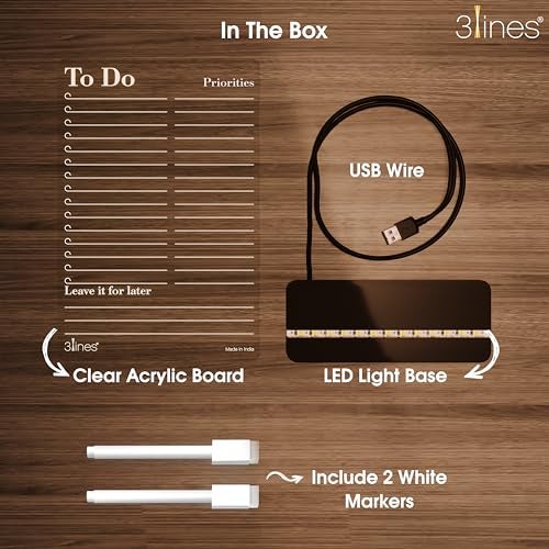 3 Lines Glowrite Illuminate Your Ideas! Acrylic LED Writing Board with USB Stand/Base | Ideal for Home & Office | Unique Gift | Made In India | With 2 Markers | To Do Priorities | Regular - Image 4