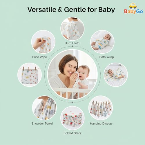 BabyGo Baby Muslin Washcloths, Super Soft 100% Cotton Face Towels | Reusable Hygiene Wash Cloth | Napkin for New Babies | Soft Hankies for Children (Small 30X 30Cm,(Pack of 5) - Image 3