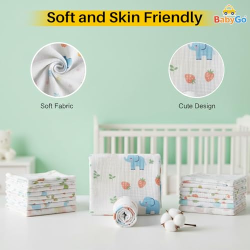 BabyGo Baby Muslin Washcloths, Super Soft 100% Cotton Face Towels | Reusable Hygiene Wash Cloth | Napkin for New Babies | Soft Hankies for Children (Small 30X 30Cm,(Pack of 5) - Image 2