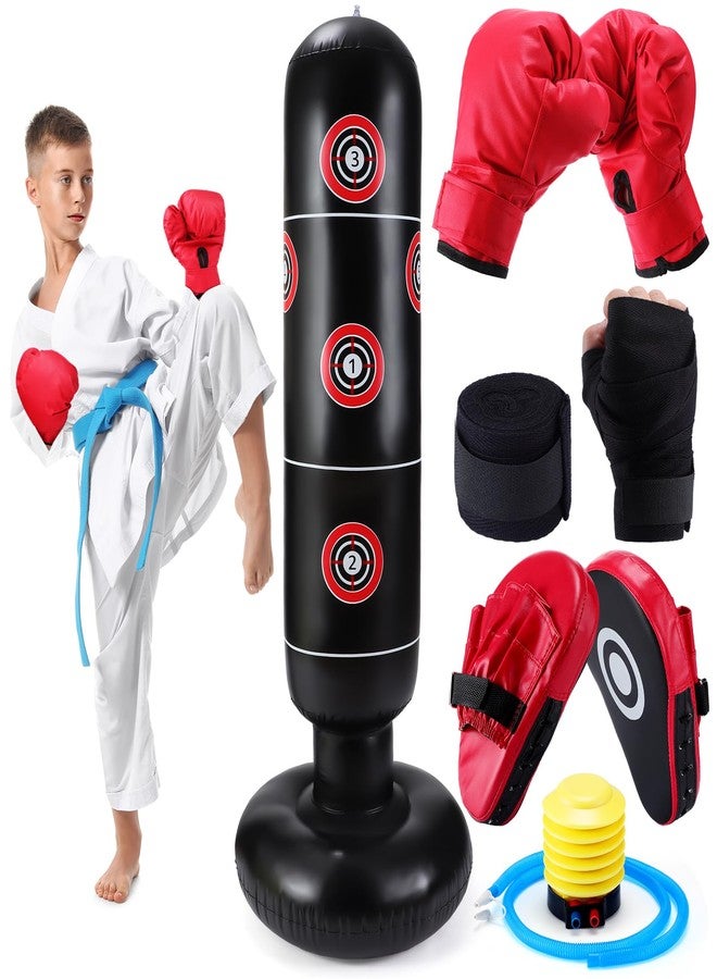 Halloscume 7 Pcs Kids Punching Bag Set Include Boxing Gloves, Inflatable Punching Bag, Hand Wraps, Hand Pads, Air Pump, Kids Boxing Training Set for Karate Kickboxing Taekwondo(Red) - Image 1