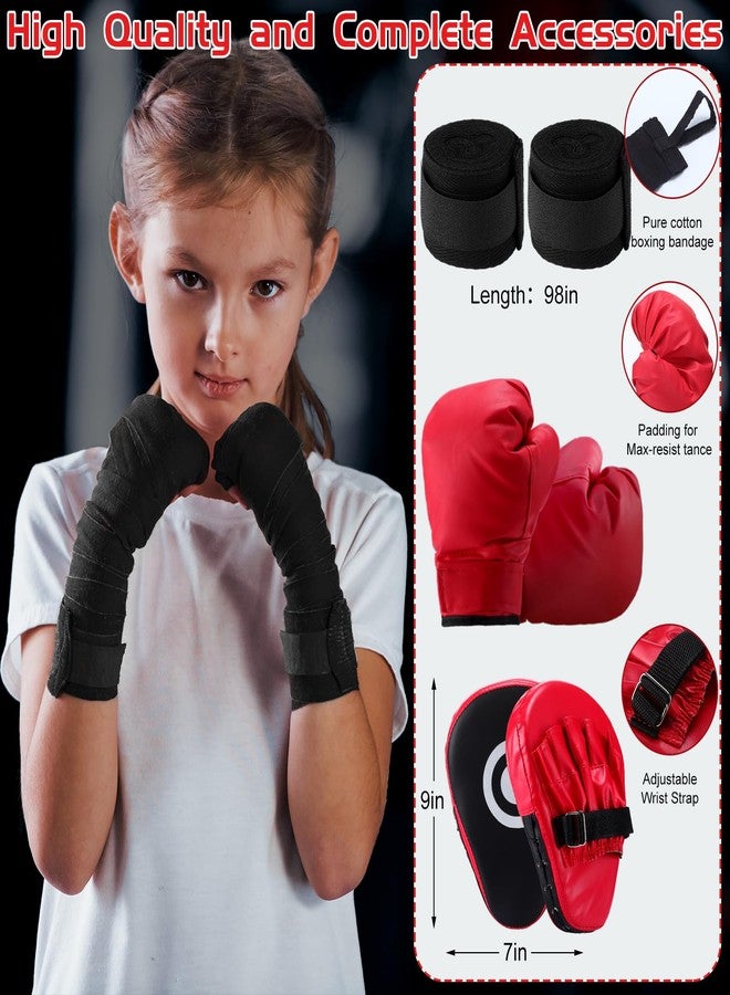 Halloscume 7 Pcs Kids Punching Bag Set Include Boxing Gloves, Inflatable Punching Bag, Hand Wraps, Hand Pads, Air Pump, Kids Boxing Training Set for Karate Kickboxing Taekwondo(Red) - Image 2