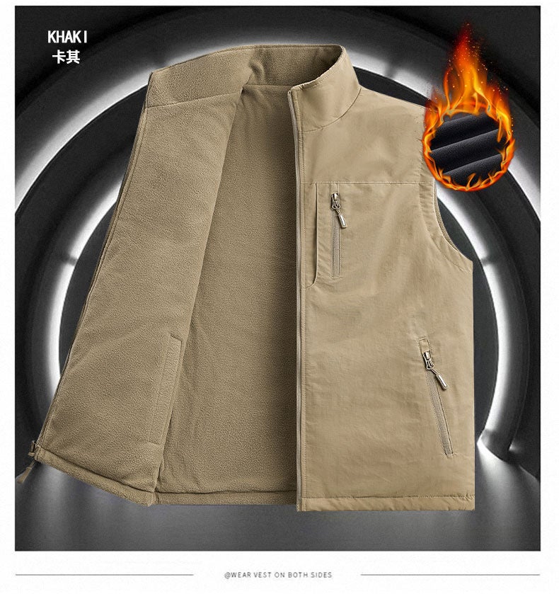 سترة عمل متعددة الوظائف في الهواء الطلق [نمط جديد] بسحاب وجيوب متعددة للرجال والنساء، خريف وربيع، كاكي مع فانيلا إضافية - Image 1