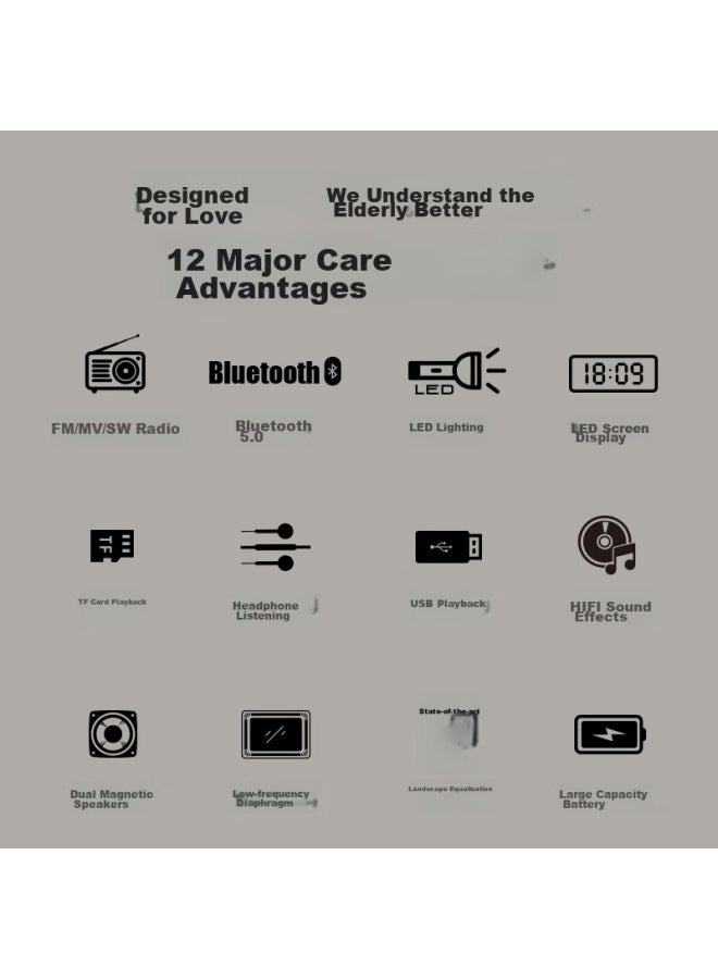 Sansui راديو M36 لكبار السن، مكبر صوت بلوتوث مصغر قابل لإعادة الشحن، مشغل صوتي شخصي محمول، مكبر صوت للبث بتقنية FM، مشغل موسيقى، أسود - Image 3