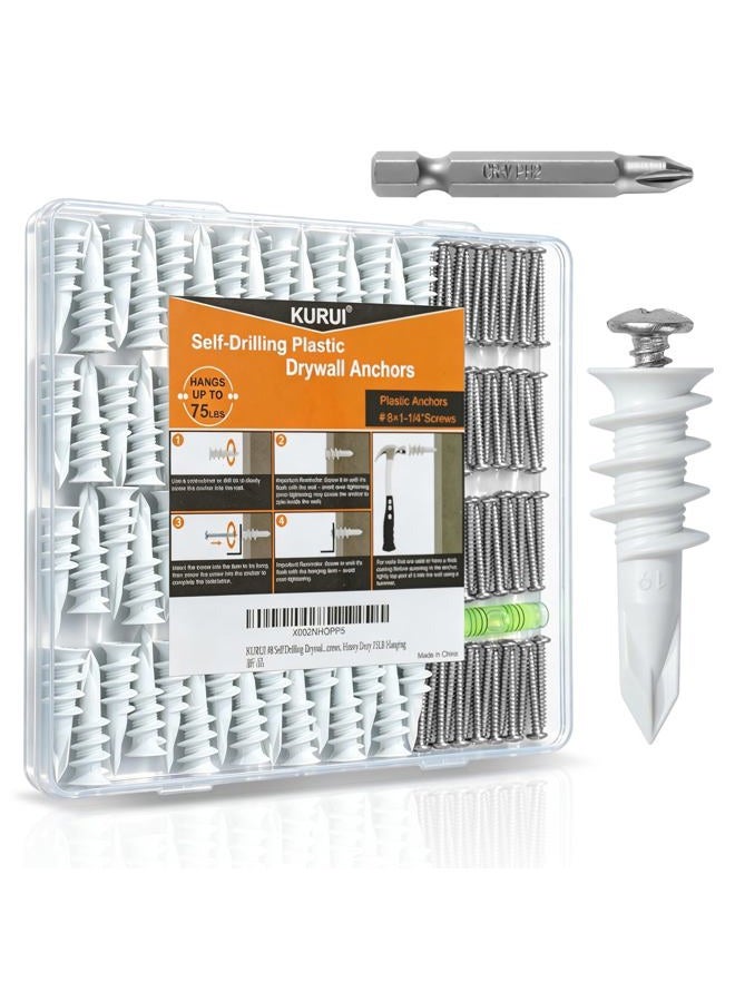 KURUI #8 Self Drilling Drywall Anchors, 100PCs Wall Anchors and Screws for Drywall, 50 Self-Tapping/Threaded Plastic Sheetrock Anchors + 50#8 x 1-1/4'' Screws, 75LB Hanging and Mounting - Image 1
