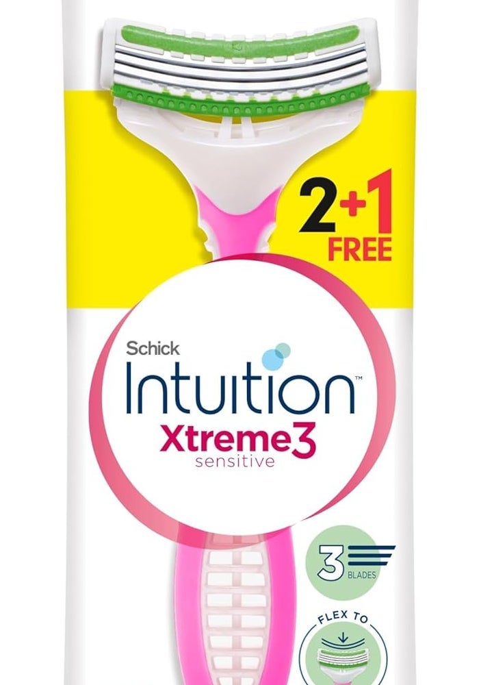 schick شيفك إنتويشن إكستريم 3 ماكينة حلاقة قابلة للاستخدام لمرة واحدة للنساء - عبوة 2+1 مع الألوة فيرا وفيتامين E للبشرة الحساسة - Image 1