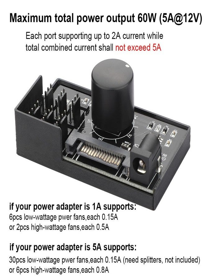 OwlTree 4 Pin 12V PWM Fan Controller 6 Fans Supported , PC Fan Adapter Hub Powered by SATA and DC 5525, Cooling Fan Speed Knob with Max Total 60W 5A Output - Image 4