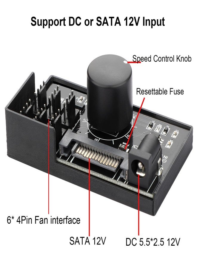 OwlTree 4 Pin 12V PWM Fan Controller 6 Fans Supported , PC Fan Adapter Hub Powered by SATA and DC 5525, Cooling Fan Speed Knob with Max Total 60W 5A Output - Image 2