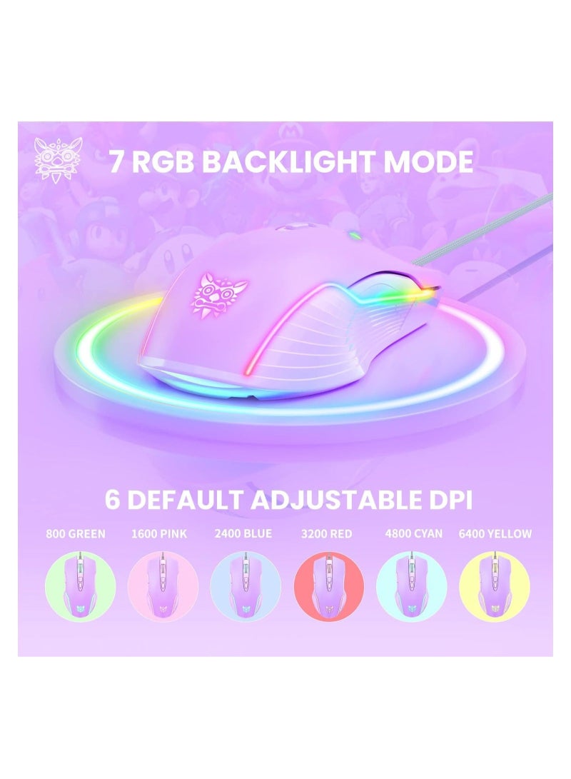 ماوس ألعاب سلكي RGB 6400 ديسيبل متوحد الخواص يتنفس LED بصري USB 7 أزرار ألعاب الكمبيوتر الفئران الوردية لأجهزة الكمبيوتر المحمول والكمبيوتر المكتبي - Image 3
