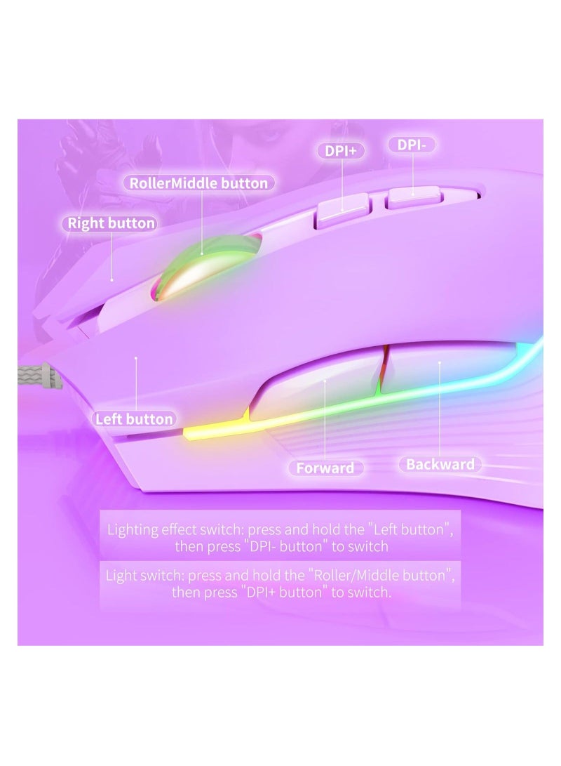 ماوس ألعاب سلكي RGB 6400 ديسيبل متوحد الخواص يتنفس LED بصري USB 7 أزرار ألعاب الكمبيوتر الفئران الوردية لأجهزة الكمبيوتر المحمول والكمبيوتر المكتبي - Image 5