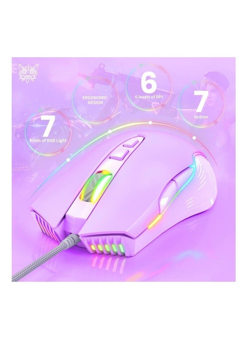 ماوس ألعاب سلكي RGB 6400 ديسيبل متوحد الخواص يتنفس LED بصري USB 7 أزرار ألعاب الكمبيوتر الفئران الوردية لأجهزة الكمبيوتر المحمول والكمبيوتر المكتبي - Image 2