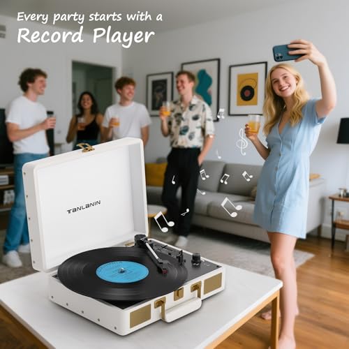 TANLANIN Vintage 3-Speed Bluetooth Portable USB Suitcase Record Player with Built-in Speakers, Upgraded Vinyl Turntable Audio Sound, Includes USB Recording White Leather - Image 3