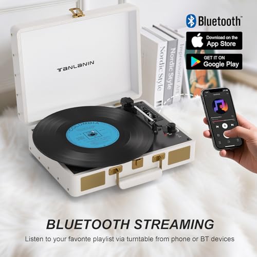 TANLANIN Vintage 3-Speed Bluetooth Portable USB Suitcase Record Player with Built-in Speakers, Upgraded Vinyl Turntable Audio Sound, Includes USB Recording White Leather - Image 2