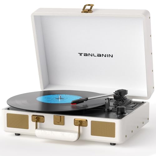 TANLANIN Vintage 3-Speed Bluetooth Portable USB Suitcase Record Player with Built-in Speakers, Upgraded Vinyl Turntable Audio Sound, Includes USB Recording White Leather - Image 1