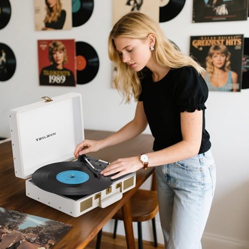 TANLANIN Vintage 3-Speed Bluetooth Portable USB Suitcase Record Player with Built-in Speakers, Upgraded Vinyl Turntable Audio Sound, Includes USB Recording White Leather - Image 5