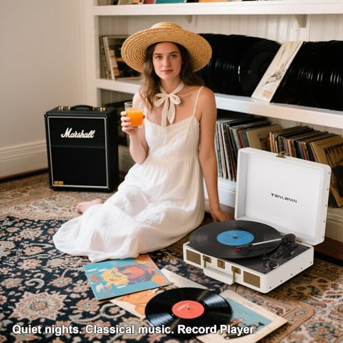 TANLANIN Vintage 3-Speed Bluetooth Portable USB Suitcase Record Player with Built-in Speakers, Upgraded Vinyl Turntable Audio Sound, Includes USB Recording White Leather - Image 4