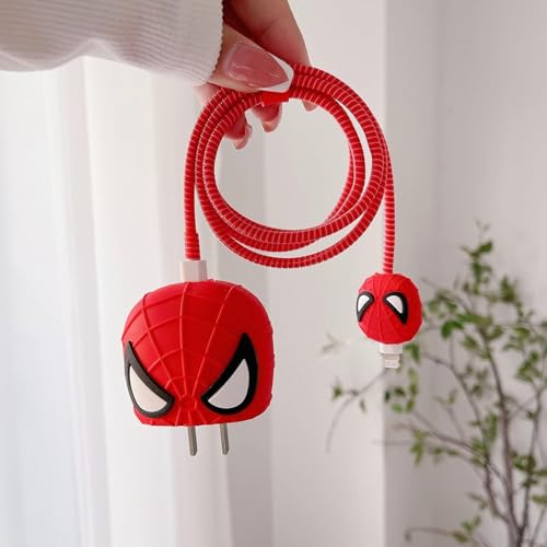 Sounce 18W 20W Charger Protector with Cute 3D Superhero Cartoon Design Silicone Charger Case and Wire Saver Cable Protection Sleeve for Adapter Cord Earphone USB Charging Accessories Daily Use (Red) - Image 3