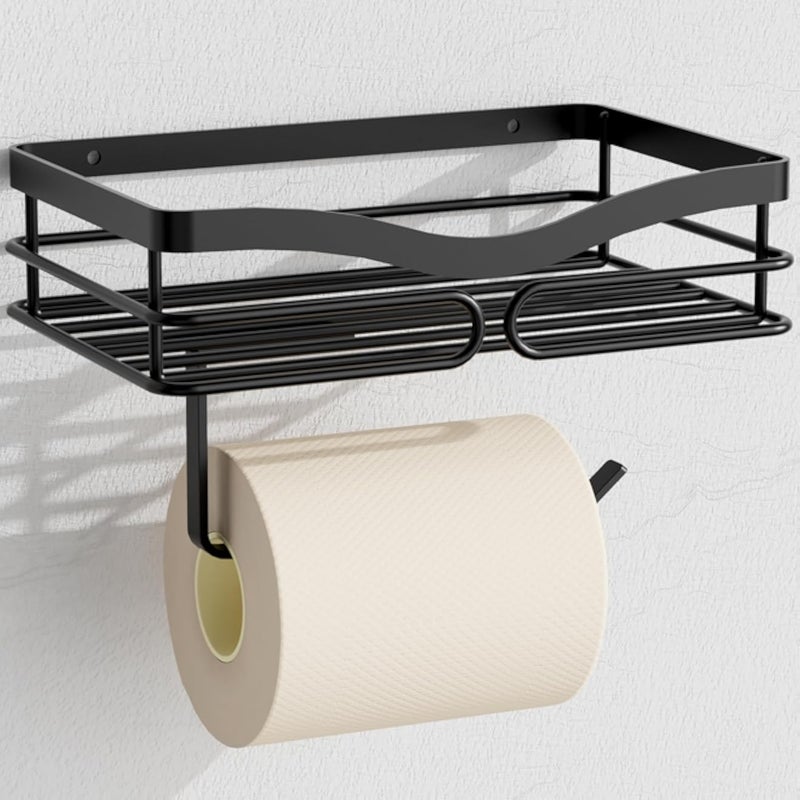 YIGII Toilet Paper Holder with Shelf, Toilet Paper Holders Wall Mount Toilet Roll Holder with Wipes Storage for Bathroom Matte Black Accessories Decor