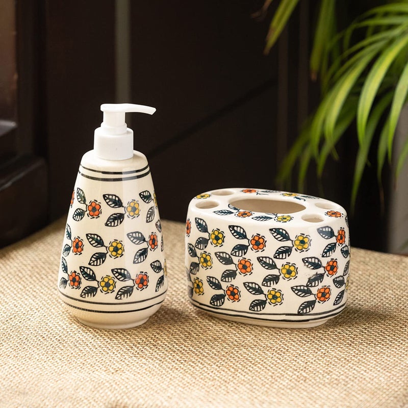 ExclusiveLane 'Cozy Crossandras' 2 Piece Ceramic Bathroom Accessories Set of 2 (Ceramic Toothbrush Holder, Liquid Soap Dispenser) | Soap Holder for Bathroom Organiser - Image 1