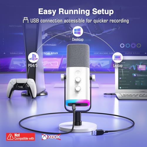 FIFINE ميكروفون FIFINE XLR/USB للألعاب للبث والبودكاست، ميكروفون كمبيوتر PC RGB، مع زر التحكم في الصوت، زر كتم الصوت، جاك المراقبة، ميكروفون للاعبين لتسجيل الفيديو وإنشاء المحتوى - AmpliGame AM8 أبيض - Image 3