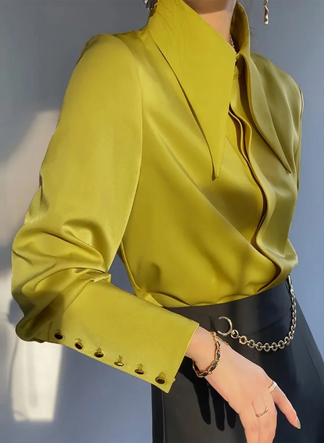 Take Two Golden Yellow Solid Button Details Long Sleeve Shirt