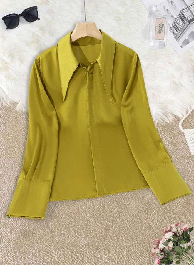 Take Two Golden Yellow Solid Button Details Long Sleeve Shirt