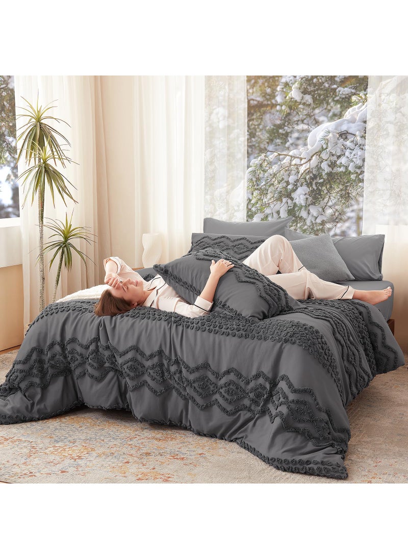 Luxudecor Luxudecor Grey Tufted Comforter Set Queen Size 3 Pieces Boho Shabby Chic Comforter Farmhouse Embroidery Bedding Set Soft Comforter for All Seasons (Grey  90''x90'')  - Image 2